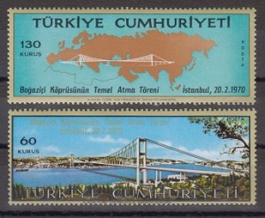 سری تمبر یادبود افتتاح پل بغاز استانبول در سال 1970 چاپ ترکیه 